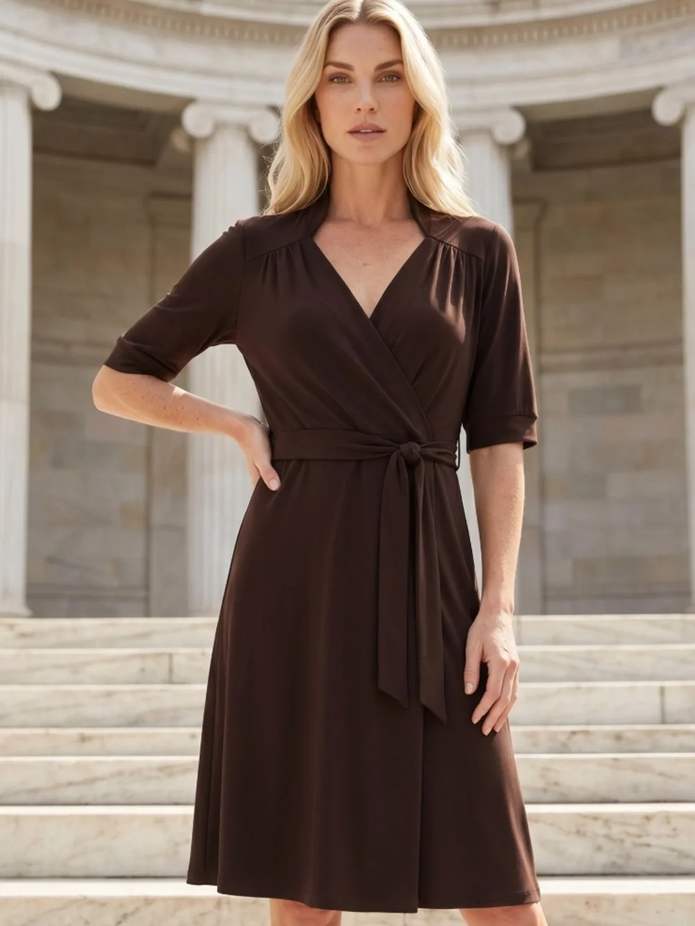 LAUNDRY By Shelli Segal Dress Crossover V Neck Belted Knee Length Brown Knit